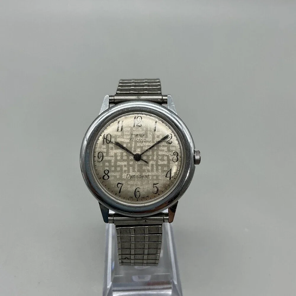 Vintage 1975 Timex Electric Dynabeat Mens Watch 37mm Champagne Dial Stretch Band